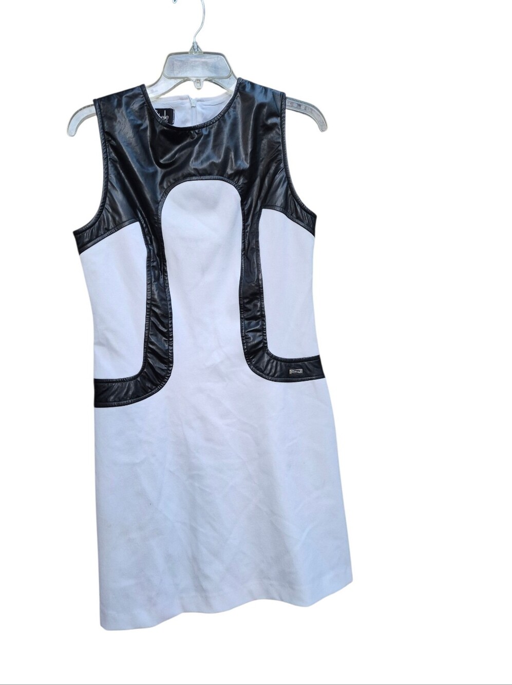 Fitelle White Mini Shift Dress with Black Faux-Leather Trim